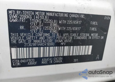 2024 Toyota Rav4 Le из США, поврежденный, VIN 2T3G1RFV4RC418980